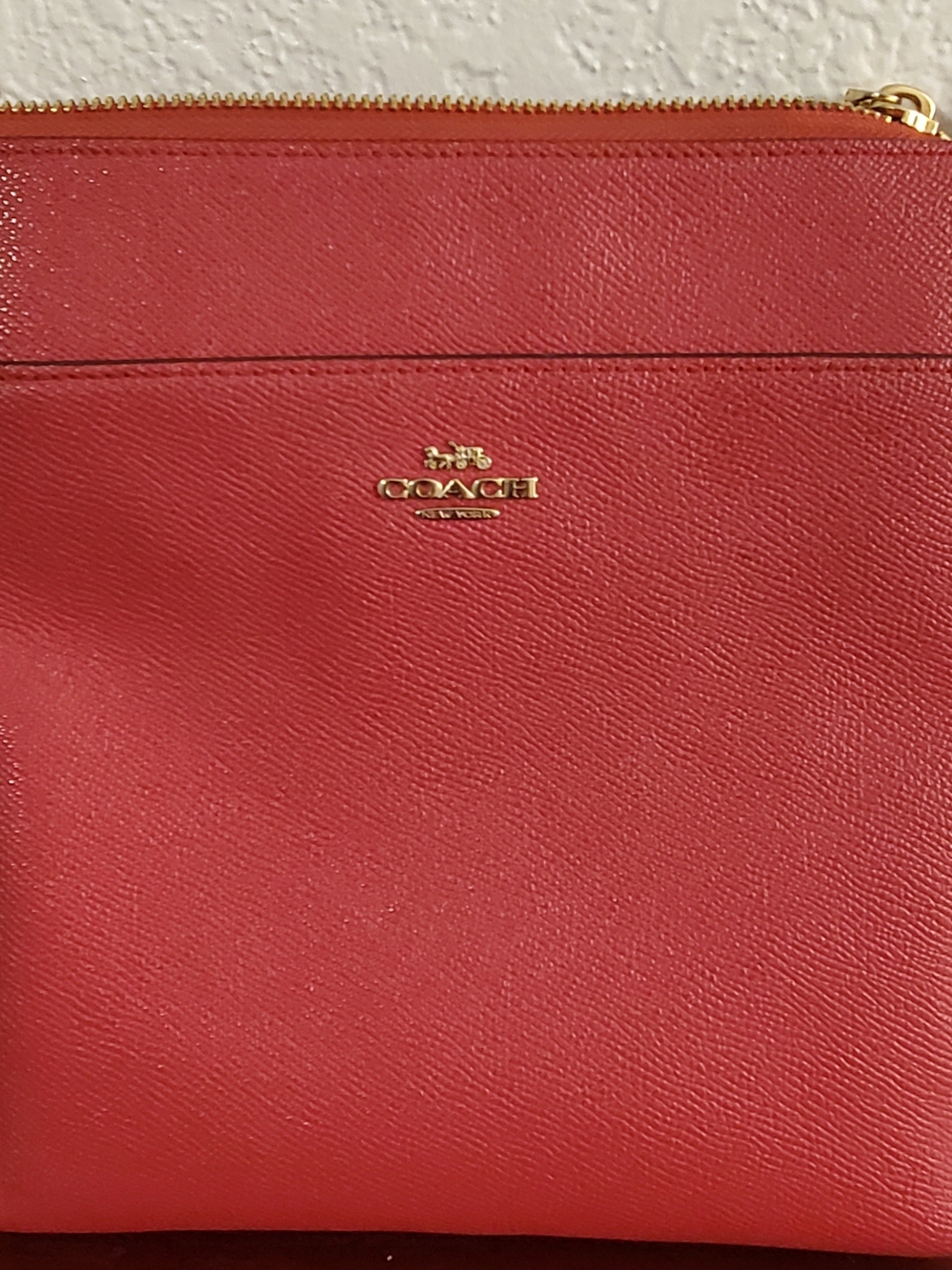 COACH Red Saffiano Leather Wristlet Clutch with Gold Hardware